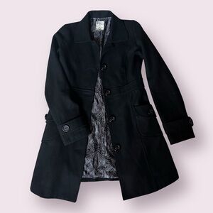 Anthropologie Tulle Wool Longline Retro Pea Coat Black Big Button-Medium